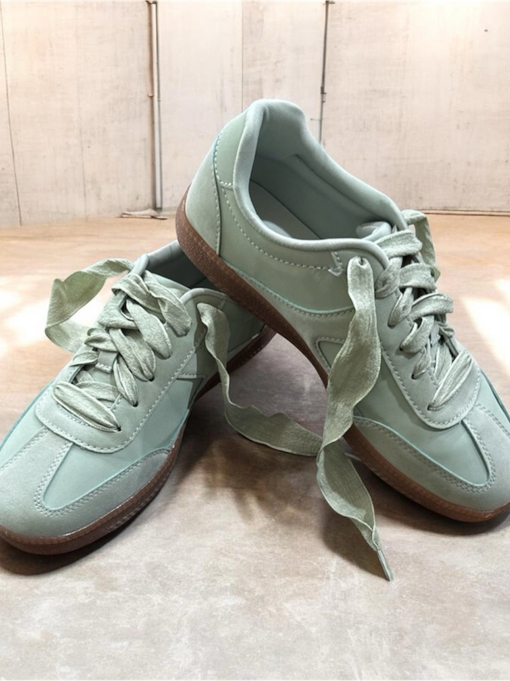 No Boundaries Light Sage Green Suede & Nylon Lace-Up Sneakers